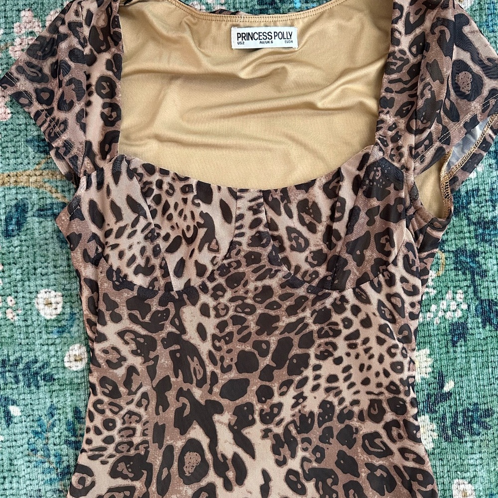 Princess Polly Brown Leopard Sheer Cap Sleeve Top